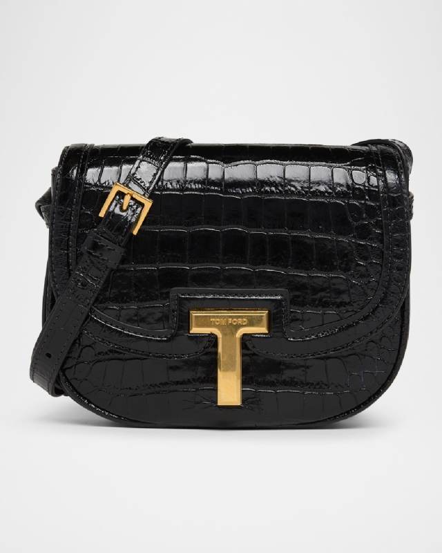 Wallis Mini Flap Shoulder Bag in Shiny Croc-Embossed Leather